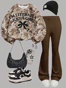 Tween Girls Knit Crew Neck Letter Graphic Loose Sweatshirt And Flare Leg Pants 2 Pieces Set, Classic Bow Print, Classic Fallen Leaves Print - Multicolor - View 2