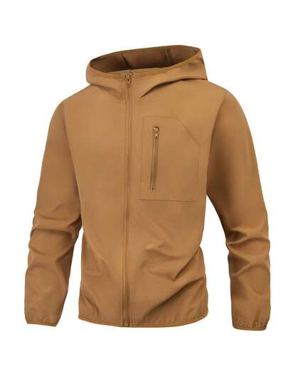 1 st. Herr- och tonårspojkar, casual, enkel, minimalistisk stil, bröstficka, huvad jacka med dragkedja, lämplig för fritid, skola, sport och utomhusbruk