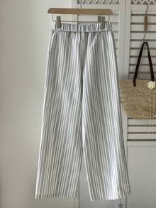 Elamini 女士条纹休闲宽松长裤，日常穿着，学院风 - 藍色 - 查看 2