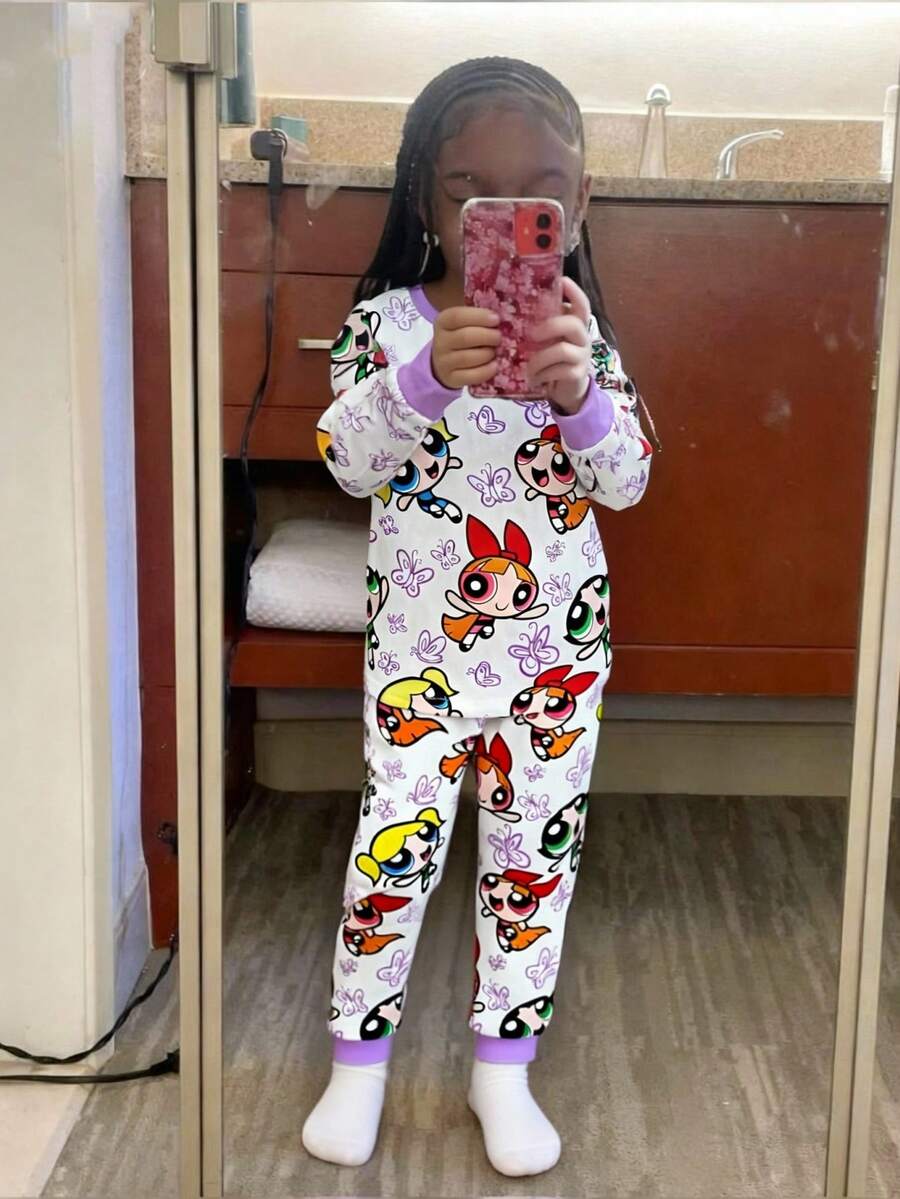 THE POWERPUFF GIRLS X SHEIN 2pcs/Set Young Girl Cute Cartoon Blossom, Bubbles, Buttercup Pattern Crew Neck Long Sleeve Top And Leggings Knit Snug Fit Pajama Set - White - View 1