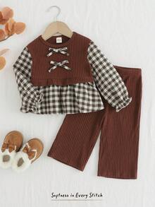 Cozy Pixies 2 pièces Ensemble Top à manches longues col rond avec nœud décoratif et pantalon droit à taille élastique pour bébé fille en patchwork à carreaux - Tabac - Voir 9