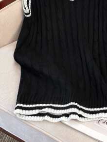 Manfinity Joysei Contrast Striped Trim V-Neck Cable Knit Casual Sweater Vest For Men, Fall Winter - Black - View 6