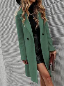 SHEIN Clasi 女式纯色翻领长袖双排扣休闲大衣，秋冬 - 綠色 - 查看 5