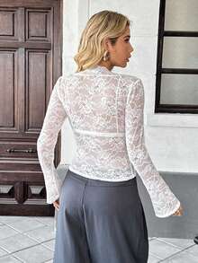 Pariaura Blusa ajustada de mujer con cuello en V profundo, manga larga y encaje floral