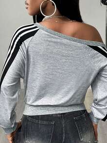 BamGleam Sudadera corta de manga larga con patrón de boca y cuello asimétrico, para mujer en invierno - Gris - Ver 2