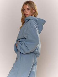 MUSERA 印花连帽衫运动套装上衣，秋季舒适套头衫，可爱休闲外出冬季圣诞节两件套家居服，舒适咖啡俱乐部 - 藍色 - 查看 4