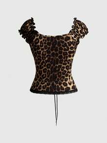 ROMWE Kawaii 两件套女士芭蕾舞鞋风格V领蝴蝶结装饰撞色波点蕾丝拼接修身上衣和半裙夏季套装 - 彩色 - 查看 6