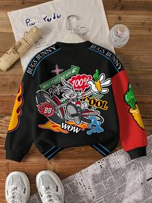 LOONEY TUNES X SHEIN 青少年男孩休闲时尚街头卡通字母拼布印花落肩宽松羊毛套头衫，秋冬 - 白色 - 查看 2