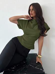 Firerie Crinkle Collar Asymmetrical Sleeve Side Ruched Waist Slim Fit Apricot Bamboo Fiber Fabric Blouse For Women, All Season Solid Color Tops Dark Green Top Olive Green Top Women Tops Elegant - Army Green - View 6