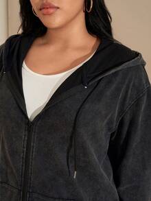 SHEIN Tall CURVE 大码女式开襟拉链水洗面料长袖卫衣，百搭黑色休闲套头衫，带口袋，适合秋冬季穿着。 - 黑色 - 查看 5