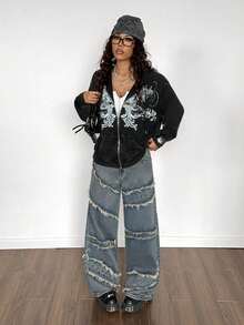 StreetHx Women's Y2K Style Gothic Retro Distressed Loose Sweatshirt, Streetwear For Autumn/Winter - Black - View 3