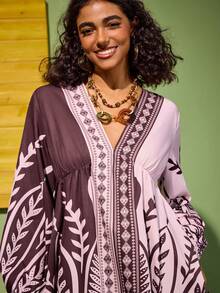 Felipe Marques 女士花鸟印花长袖深V性感连衣裙，适合派对、晚宴、度假、休闲穿着，有白色和红色可选，秋冬季款 - 紅色 - 查看 4