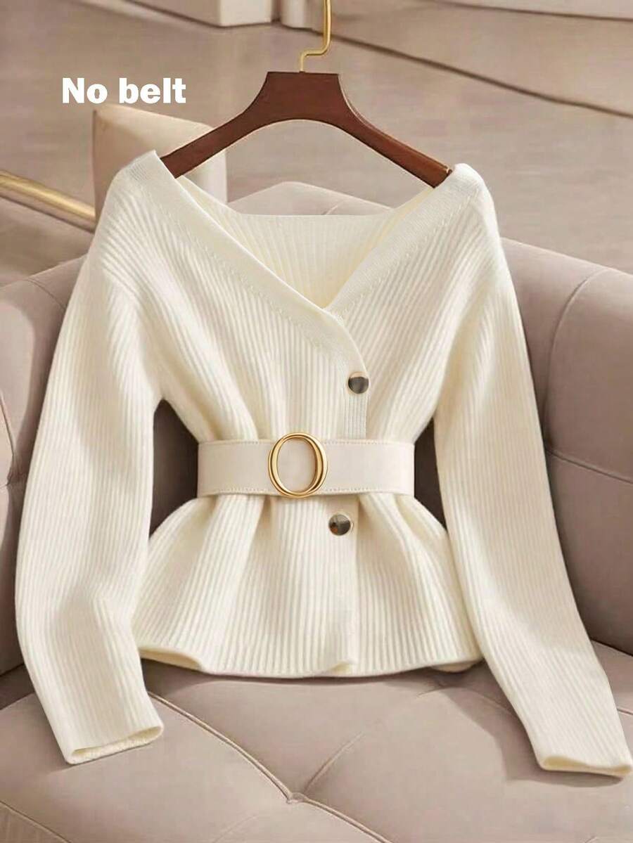 Franclia New Elegant V-Neck Design Solid Color Pullover Sweater For Women, Versatile For Autumn, Christmas - White - View 1