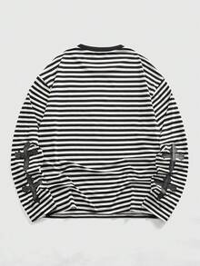 ROMWE MEN Street Life 男士休闲十字印花条纹圆领长袖T恤，秋季款 - 黑與白 - 查看 2
