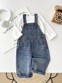 SHEIN 幼儿男童复古蓝色牛仔宽松背带裤 - 中等水洗藍 - 查看 3