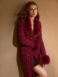 MOTF PREMIUM ÁO KHOÁC CỔ LÔNG DỆT KIM CƯỜNG CÓ THẮT LƯNG ĐÁ NHÂN DÀNH CHO NỮ, MÙA THU/ĐÔNG - Màu Đỏ Sâu - Xem 2