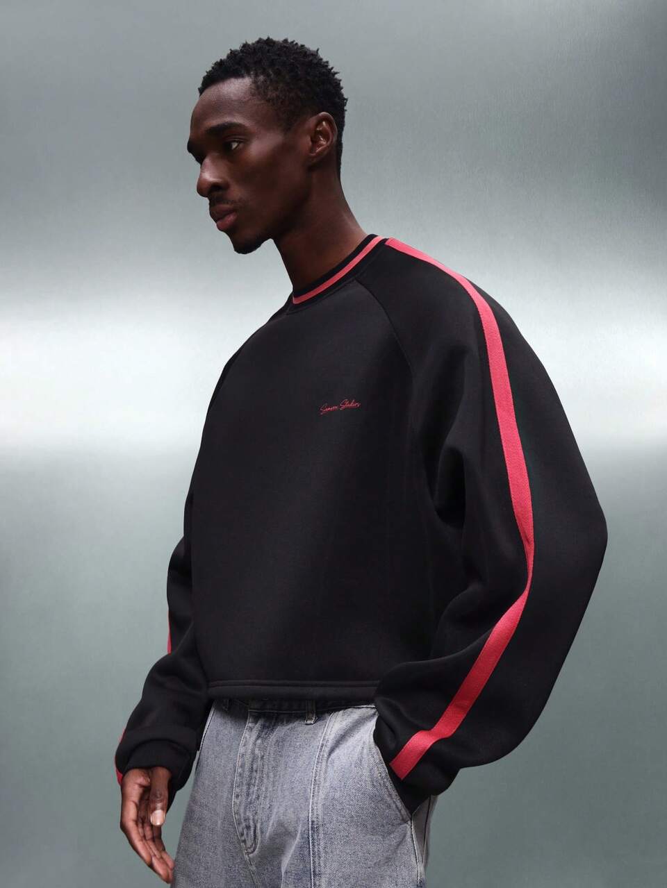 PLAYBOY X SUMWON Men's Black Long Sleeve Crop Sweatshirt With Red Bunny Logo And Side Stripe Detail Casual Streetwear
