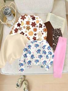 6 piezas Estilos acogedores de otoño e invierno Conjuntos de ropa de niñas bebé con sudadera y leggings con estampados florales, de leopardo, lazos, conejos y gráficos minimalistas lindos y personalizados, para uso diario cómodo - Multicolor - Ver 2