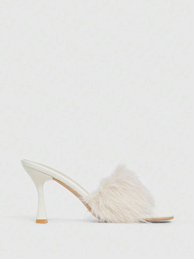 CUCCOO SZL Women's White Faux Fur Square Toe Stiletto Heel Slide Sandals, Fashionable, Sexy, Elegant For Party And Occasion For Christmas