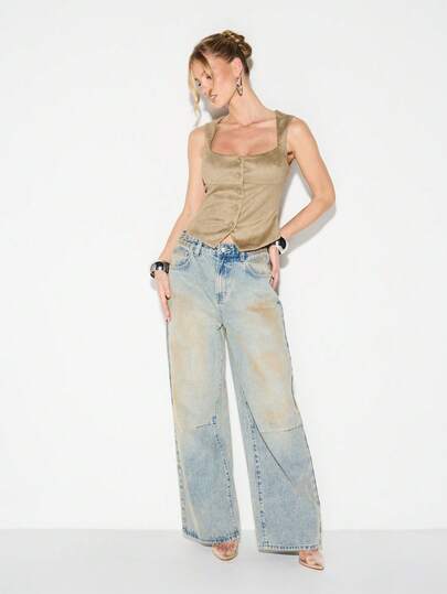 KIZN Women's Oversized Baggy Wide Leg Distressed Denim Jeans With Vintage Dirty Wash High Rise Straight Leg Palazzo Style