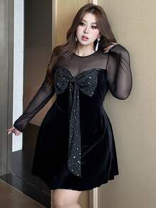 Flirla Plus Size Women's Sweet & Spicy Bodycon Mesh Patchwork Sequin Bow Knee-Length A-Line Dress - Black - View 6