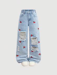 SHEIN Jeans rectos sueltos y cómodos con bordado de cereza, lavado claro y versátil, adecuados para uso diario en otoño e invierno, Año Nuevo, Navidad, Nochevieja, streetwear, escuela, hogar y viajes, para niñas preadolescentes - Lavado ligero - Ver 3