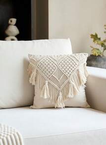 Cirelle Boho Style Beige Crochet Tassel Throw Pillow Cover - Farmhouse Decor Cushion Cover, Suitable For Sofa, Bed, Living Room (No Insert) - Perfect For Halloween And Christmas Decorative Pillows - Ivory - View 2