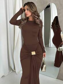 Jemour 秋冬新品女士连衣裙棕色秋季女士连衣裙圣诞派对礼服新年前夜感恩节假期长款商务休闲优雅新年服装拍摄连衣裙性感时尚风格茶会礼服 - 咖啡 - 查看 6