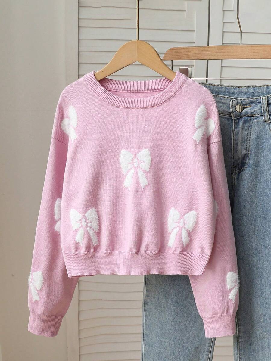 Tween Girls Cute Pink Sweater, Oversized Bow Knit Pullover, Loose Fit Long Sleeve Cropped Top, Soft Back-To-School Clothes For Autumn Holiday - Pink - View 1