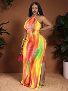 Veslaya Nuevo vestido de talla grande para vacaciones en la playa con espalda descubierta, cuello halter, estampado de teñido anudado y abertura lateral - Multicolor - Ver 1