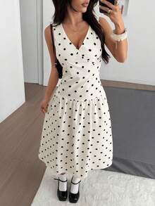 SHEIN EZwear 常规款V领波点无袖女式连衣裙 - 白色 - 查看 3