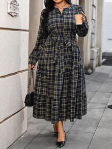 SHEIN 复古花卉格纹圆领泡泡袖大码女装连衣裙，女士秋季穿搭，新年穿搭，圣诞节连衣裙 - 彩色 - 查看 6