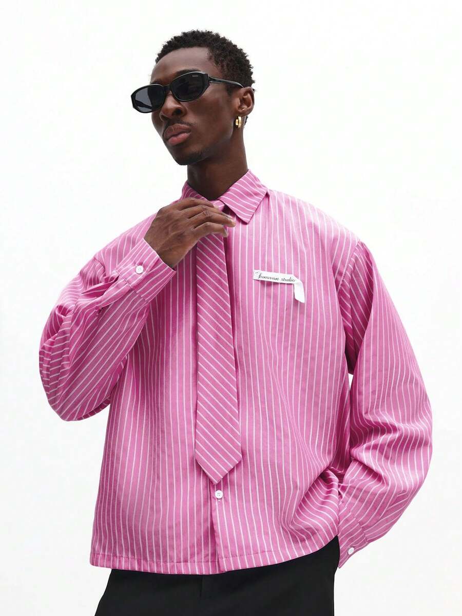 SUMWON 长袖条纹衬衫，系带，纽扣领，宽松版型，商务休闲办公穿着，春夏纯色 - 粉色 - 查看 1