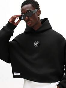 SUMWON 常规休闲落肩套头连帽衫，饰有芝加哥刺绣标志，宽松版型，适合日常穿着 - 黑色 - 查看 4