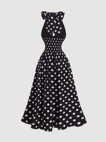 SHEIN MOD 复古黑白波点露背连衣裙，适合舞会、秋季婚礼宾客、早午餐等场合，黑色。 - 黑色 - 查看 2