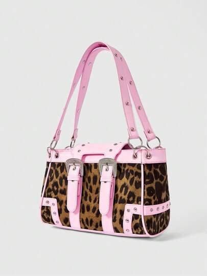 Grunge Punk Y2K Fashion Leopard Print Patchwork Shoulder Bag For Ladies