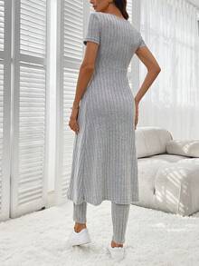 SHEIN LUNE Ladies' Sleeveless Ribbed Split Hem Long T-Shirt And Pants Two-Piece Set - Grey - View 2