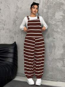 SHEIN EZwear Plus Size Women's Brown & White Ribbed Elastic Fuzzy Ribbed Jumpsuit - Brown - View 3