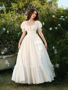 SHEIN MOD White Maxi Lace Ruffled Victorian Vintage Dress, Party Dress, Prom Dress, Exquisite Craftsmanship,White Graduation Dress