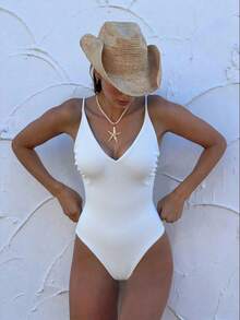 Bonvoyette 2026 Spring/Summer White Spaghetti Strap Deep V-Neck Fitted Elegant Solid Color One-Piece Swimsuit For Women - White - View 3