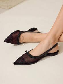 CUCCOO CHICEST 女士时尚优雅波点蝴蝶结装饰平底鞋，通勤必备 - 黑色 - 查看 2