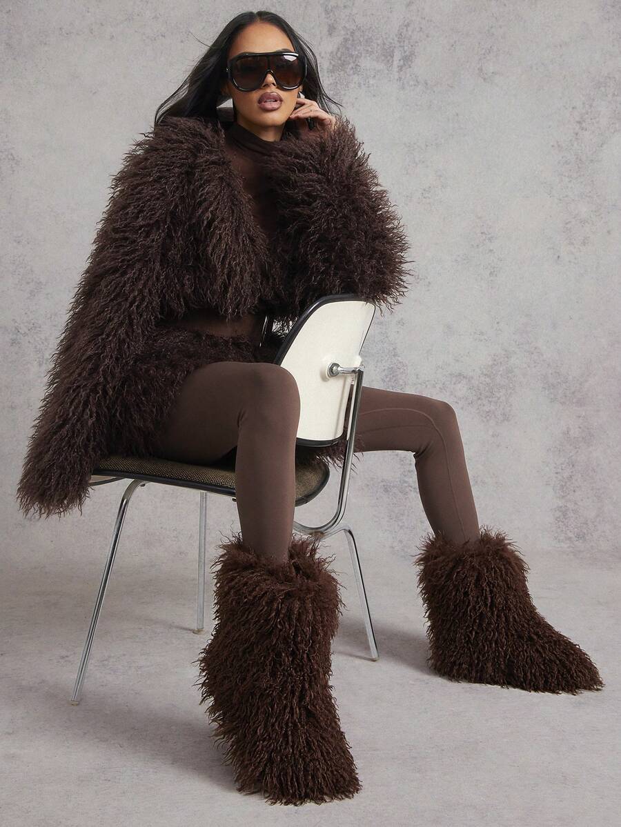SHUZIA Damen windabweisende, pelzige und warme Plateau-Schneestiefel - Beige - Übersicht 1