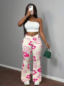 Slaydiva 新款休闲街头运动风弹力腰带阔腿裤，饰以全幅树枝印花，两侧配有立体工作口袋，专为女性设计。 - 玫紅色 - 查看 7