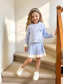 Young Girl Diamond Beaded Bow Decor Knitted Cardigan And Pleated Knit Skirt Set, Suitable For School, Outing Or Holiday Gathering - Blue - View 1