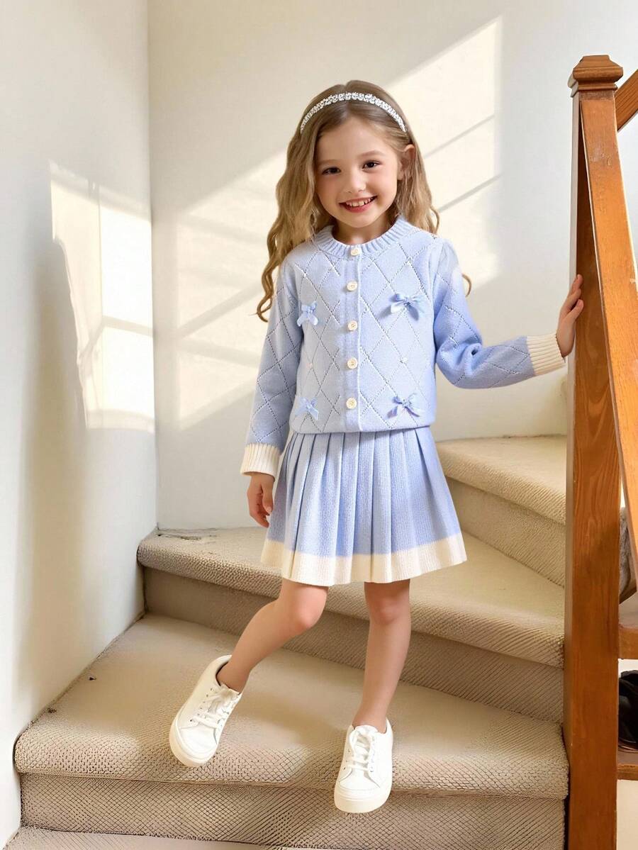 Young Girl Diamond Beaded Bow Decor Knitted Cardigan And Pleated Knit Skirt Set, Suitable For School, Outing Or Holiday Gathering - Blue - View 1