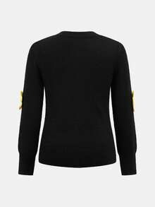 SHEIN 青少年女孩休闲日常黑色钩针装饰圆领长袖修身毛衣和钩针装饰裤子套装 - 黑色 - 查看 7