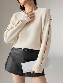 Heiryn Áo len dệt kim rỗng trang trí nơ đa năng thời trang nữ, Thu/Đông - Màu be - Xem 6