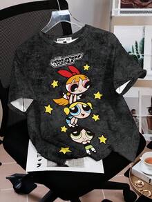 THE POWERPUFF GIRLS X SHEIN 女式休闲街头风格花朵、泡泡、毛茛图案落肩宽松短袖水洗 T 恤，夏季 - 白色 - 查看 1