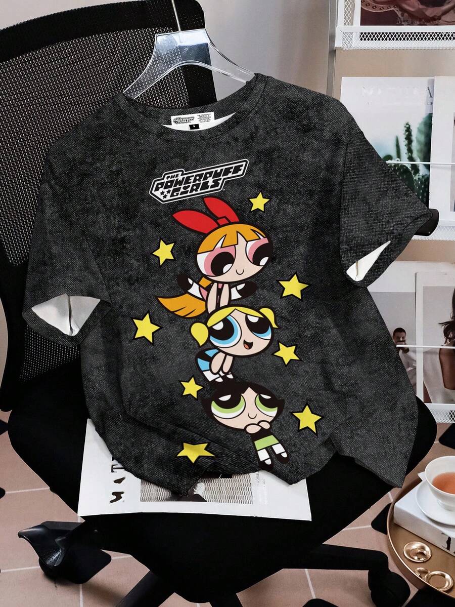 THE POWERPUFF GIRLS X SHEIN 女式休闲街头风格花朵、泡泡、毛茛图案落肩宽松短袖水洗 T 恤，夏季 - 白色 - 查看 1