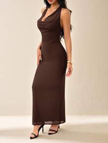 SHEIN PETITE Đầm dài cổ xếp ly lưới trơn màu thanh lịch dành cho nữ, phong cách nghỉ dưỡng, thích hợp cho kỳ nghỉ thu/đông - màu nâu - Xem 4